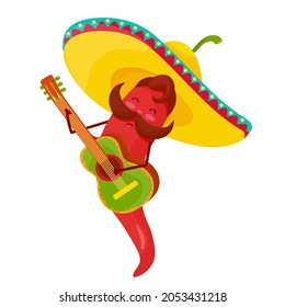 Red Chili Pepper In Bright Yellow Sambrero Plays Guitar Funny Cartoon Character For Dia de Muertos Celebration Vector graphics on a white background.