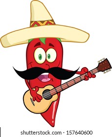 Red Chili Pepper Cartoon Character With Mexican Hat And Mustache Playing A Guitar