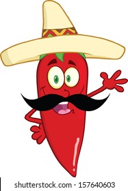 Red Chili Pepper Cartoon Character With Mexican Hat And Mustache Waving For Greeting