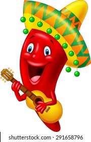 Red Chili Pepper Cartoon Character With Mexican Hat Playing A Guitar