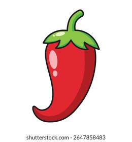 Red chili pepper cartoon icon with green stem isolated on white background