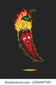 Red chili pepper character with fire explosion. Burning spicy mexican ingredient.