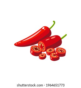 Red chili pepper, chopped and whole. Vector illustration of cartoon flat icon isolated on white background.