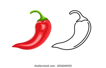 Red chili pepper color cartoon illustration and outline. Vector spicy spices icon.