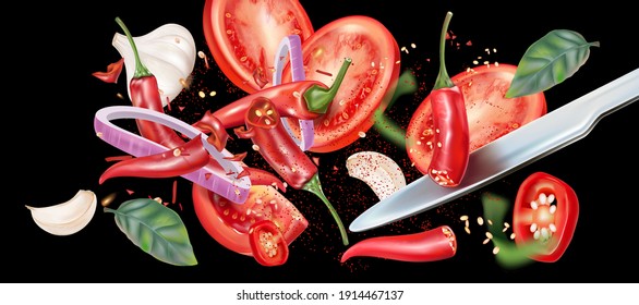 Red chili pepper cut of pieces with chili, garlic splashing elements ads isolated on solid color background. Vector realistic in 3D illustration.