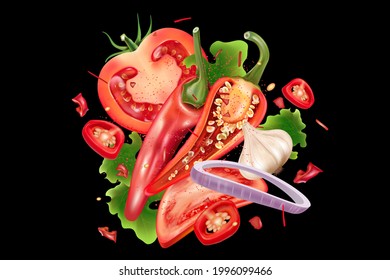 Red chili pepper cut of pieces with chili, garlic splashing, tomatoes elements isolated on solid color background. Vector realistic in 3D illustration.