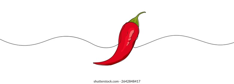 Red chili pepper drawn in one continuous black line on white background. Minimalist vector illustration with color fill. Food and spice concept for design and print