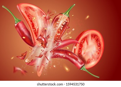 Red chili pepper with chili explosion elements ads. Vector realistic in 3D illustration. Food concept.