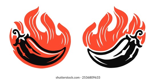 Red chili pepper and fire emblem symbol. Spice food logo icon vector illustration