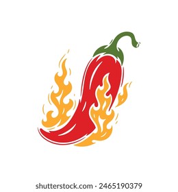 Red Chili Pepper with Fire Flames. Hot Chilli Taste. Spicy Food. Hand drawn. Not AI. Vector illustration.