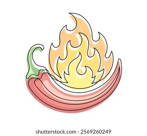 Red chili pepper with fire line isolated on white background. Simple vegetable silhouette. Hand drawn chili pepper outline. Vector illustration