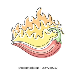 Red chili pepper with fire line isolated on white background. Simple vegetable silhouette. Hand drawn chili pepper outline. Vector illustration