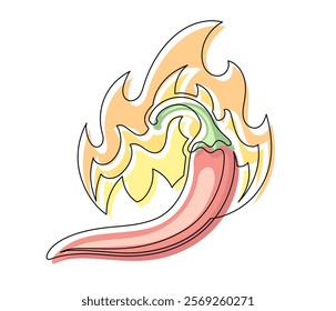 Red chili pepper with fire line isolated on white background. Simple vegetable silhouette. Hand drawn chili pepper outline. Vector illustration