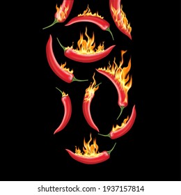 Red chili pepper with fire on solid color background. Emblem spicy food hot. 3D Vector EPS10 illustration.