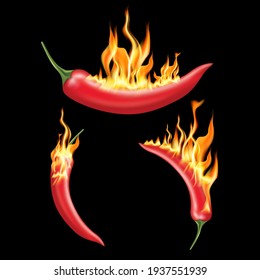 Red Chili Pepper With Fire On Solid Color Background. Emblem Spicy Food Hot. 3D Vector EPS10 Illustration.