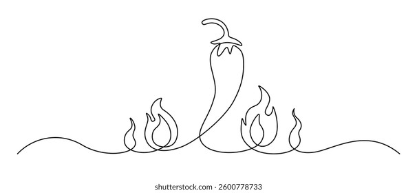 Red chili pepper with fire in one continuous line drawing. Hot mexican spice in simple linear style. Editable stroke. Doodle oneline vector illustration