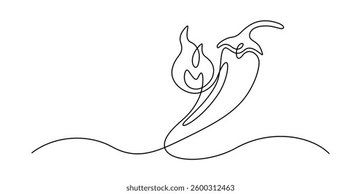 Red chili pepper with flame in one continuous line drawing. Hot mexican spice in simple linear style. Editable stroke. Doodle vector illustration