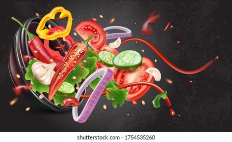 Red chili pepper flying of bowl chili elements ads isolated on solid color background, Vector realistic in 3D illustration.