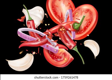 Red chili pepper with chili, garlic and tomatoes slice splashing elements ads isolated on solid color background, Vector realistic in 3D illustration.