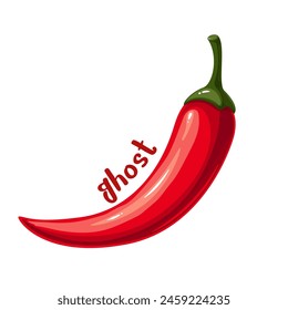 Red chili pepper with Ghost text, cartoon spice label. Fresh bhut jolokia and worlds hottest pepper to heat up Indian curry dishes, pickles and chutneys, cartoon typography badge vector illustration