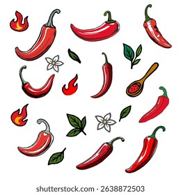 Red chili pepper hand drawn illustration. Vibrant red chili pepper illustration. Hand drawn red chili pepper. Red chili pepper doodle