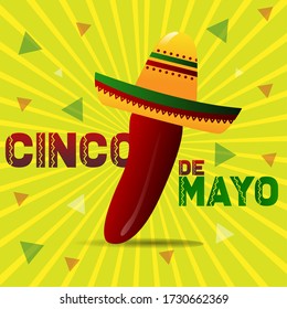 Red chili pepper with a hat. Cinco de mayo template - Vector illustration