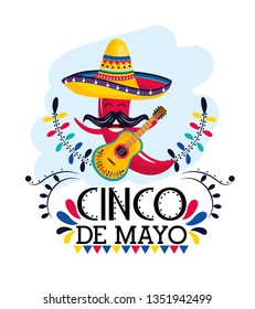 red chili pepper with hat and guitar to mexican event
