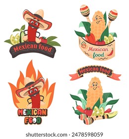 Red chili pepper in hat with vegetables and color text. Smiling funny corn with maracas. Cute comic characters. Mexican food. Coocing concept. Doodle hand drawn vector illustration