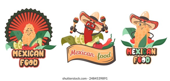 Pimienta roja en sombrero con verduras y maracas. Un maíz gracioso sonriente. Lindo personaje cómico aislado. Comida mexicana. Doodle dibujado a mano Ilustración vectorial para póster, volante, Anuncio, entrega, menú