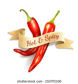 Red chili pepper hot and spice kitchen ribbon badge vector illustration