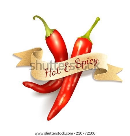 Red chili pepper hot and spice kitchen ribbon badge vector illustration