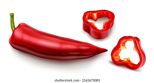 Red chili pepper, hot spicy plant pod, paprika cayenne with green stem vector realistic illustration isolated on white background. Chopped ripe vegetable with shadow