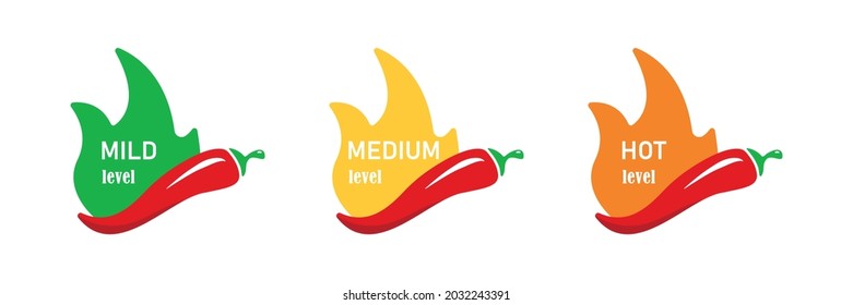 Red Chili Pepper icon set. Indicator fire strength scale. Hot Chilli Pepper with flame on white background. Vector illustration