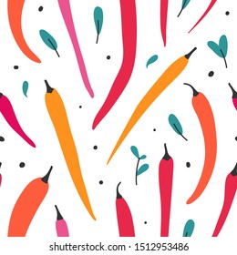 red chili pepper illustrations made as seamless repeat vector pattern. Colorful hand drawn vegetable backdrop with fresh tasty mexican spicy peppers. endless background for kitchen textile fabric.