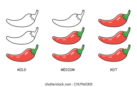 Red chili pepper isolated icon, hot spicy food flavor levels scale chart. sign label, cartoon vector illustration.