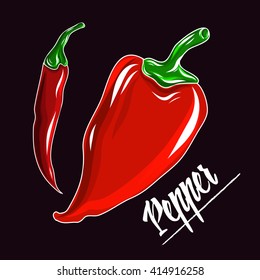 Red and chili pepper isolated on black background. Healthy organic food. Vector illustration.