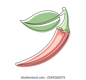 Red chili pepper with leaf line isolated on white background. Simple vegetable silhouette. Hand drawn chili pepper outline. Vector illustration