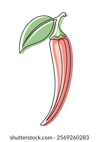 Red chili pepper with leaf line isolated on white background. Simple vegetable silhouette. Hand drawn chili pepper outline. Vector illustration