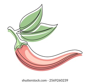 Red chili pepper with leaves line isolated on white background. Simple vegetable silhouette. Hand drawn chili pepper outline. Vector illustration