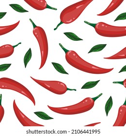 Rote Chilischoten mit Blättern auf weißem Hintergrund, nahtloses Muster, scharfe Gewürze, Vektorgrafik, Menüdesign, Textilien, Verpackung, Tapete
