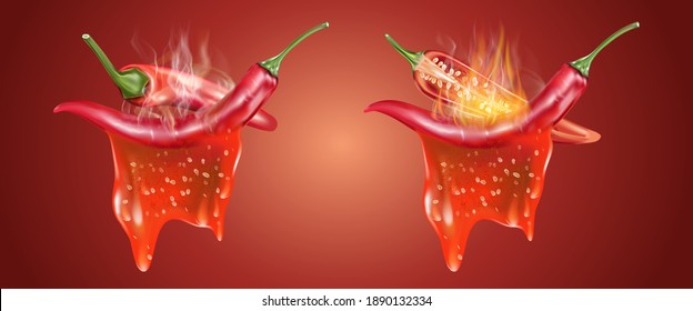 Red chili pepper with chili melting on fire elements isolated on dark color background, Vector realistic in 3D illustration.