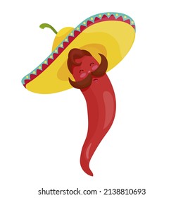 Red Chili Pepper in a mesquican sombrero.Cartoon vector graphic.