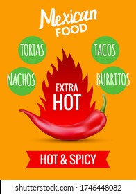 Red chili pepper mexican food hot taco, vector spicy restaurant design. Chilli pepper mexico food