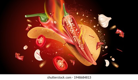 Red chili pepper on fire with chili splashing elements ads isolated on solid color background, Vector realistic in 3D illustration.