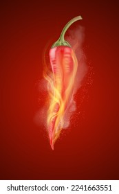 Red chili pepper on fire elements ads isolated on solid color background, Vector realistic in 3D illustration.