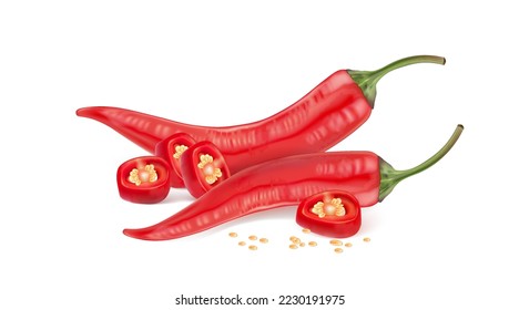 Pimienta de chile rojo en la parte superior con rebanada de chile madura de piezas salpicando elementos anuncios aislados en fondo blanco, Vector realista en la ilustración 3D.