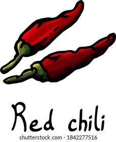 Red chili pepper on white background, isolated, spice, plant, food, cartoon style, banner, poster, card, cafe, menu, kitchen, ingredient, cooking, meal, paprika, vegetable, cook, element,  pepper, red