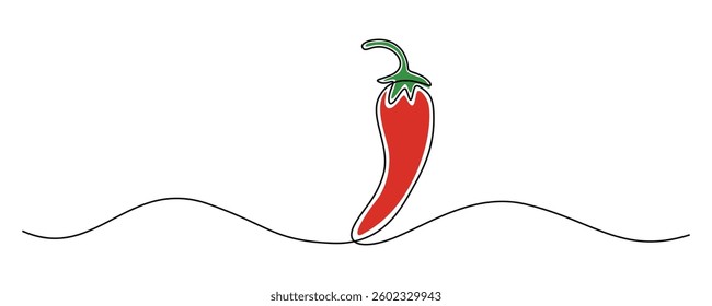 Red chili pepper in one continuous line drawing. Hot mexican spice in simple linear style. Editable stroke. Doodle contour vector illustration
