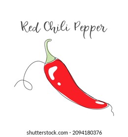 Red chili pepper. One line drawing isolated on white background. Beautiful hand drawn design vector illustration for posters, wall art, tote bag, mobile case, t-shirt print. Icon. Menu. Food label