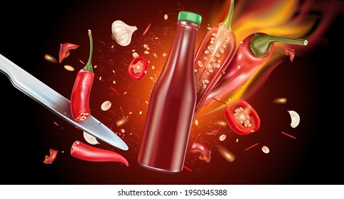 Red chili pepper packaging mock up with chili splashing elements ads isolated on solid color background, Vector realistic in 3D illustration.